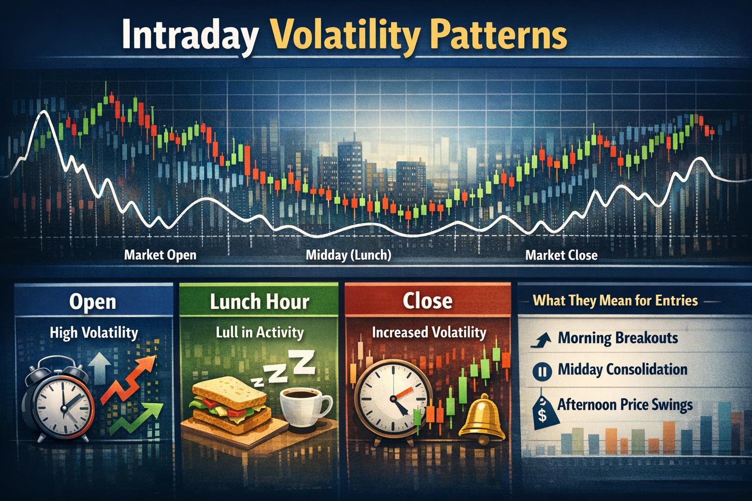 Intraday volatility patterns: open, lunch, close, and what they mean for entries